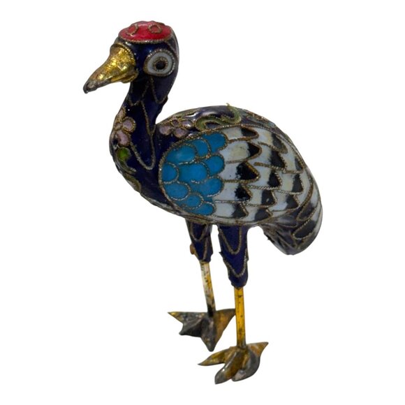 Vintage Cloisonné Enamel Crane Figurine Gold Accents Miniature 4" Bird Peacock - Picture 1 of 5